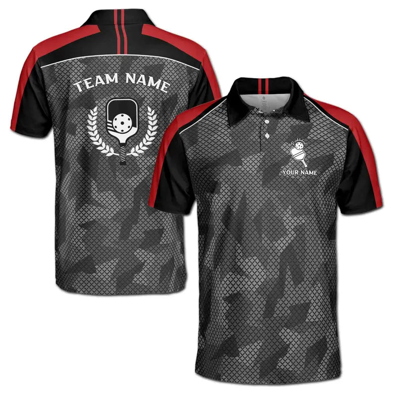 Customize Name Pickleball Paddle Camo Olive Wreath Black Gray Red 3D Men's Polo Shirt