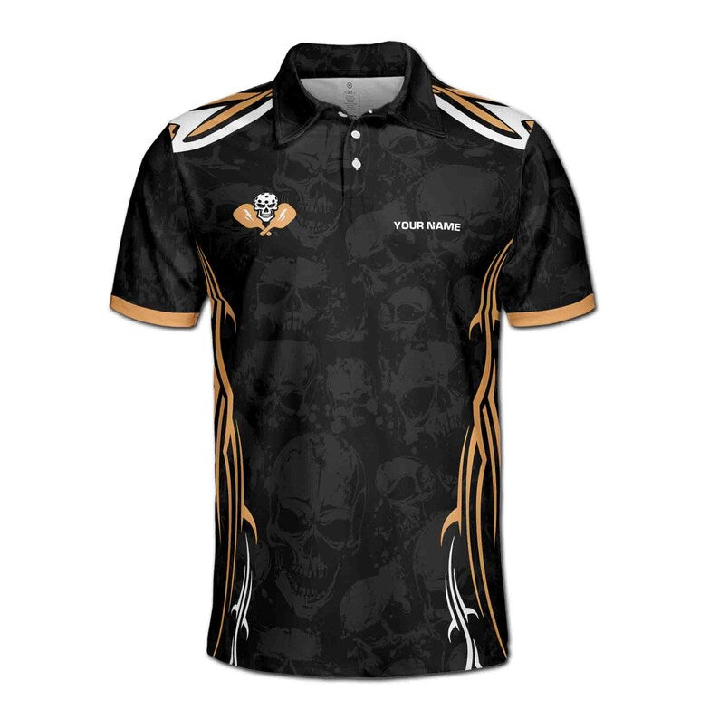 Customize Name Pickleball Turkey Player Skull Pattern Black 3D Men's Polo Shirt