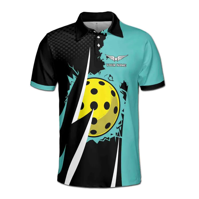 Customize Name Pickleball Paddle Wings Black Cyan 3D Men's Polo Shirt