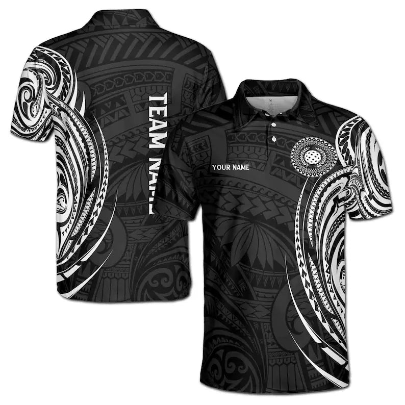 Customize Name Pickleball Olive Wreath Tribal Pattern Black White 3D Men's Polo Shirt