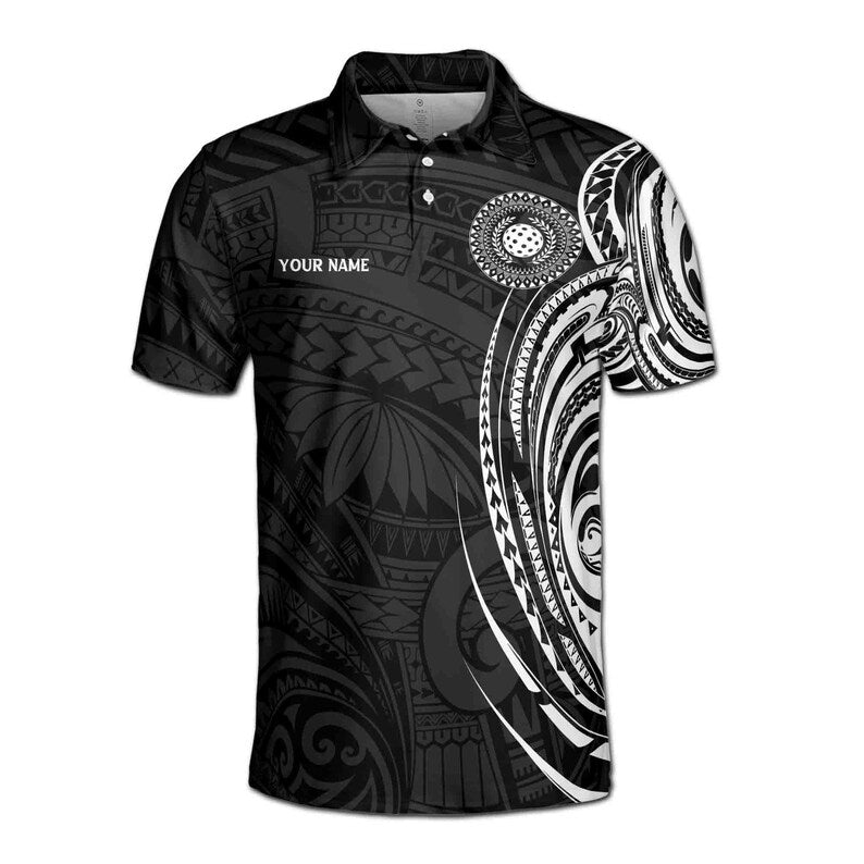 Customize Name Pickleball Olive Wreath Tribal Pattern Black White 3D Men's Polo Shirt