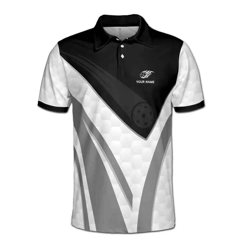 Customize Name Pickleball Paddle Flaming Black White 3D Men's Polo Shirt