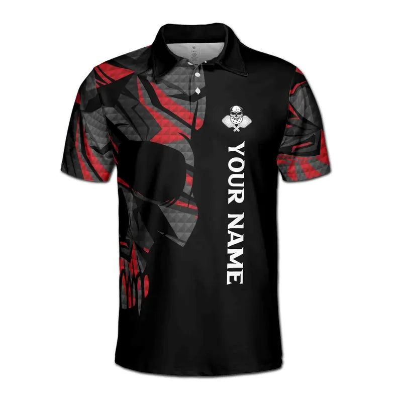 Customize Name Pickleball Paddle Skull Black 3D Men's Polo Shirt