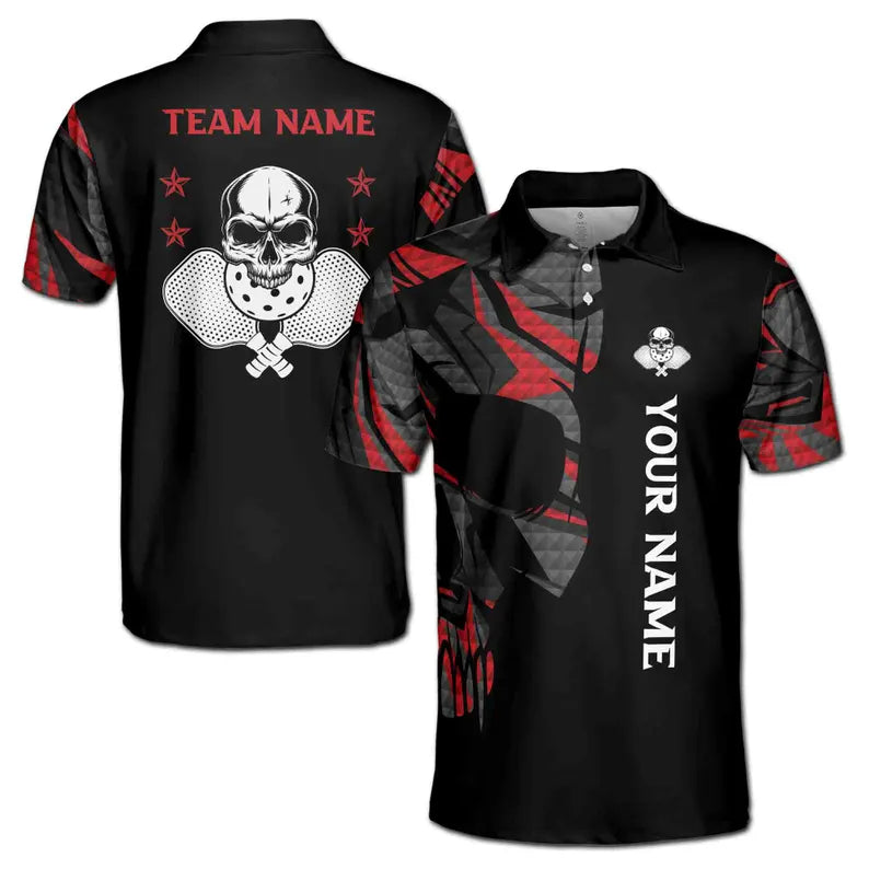 Customize Name Pickleball Paddle Skull Black 3D Men's Polo Shirt