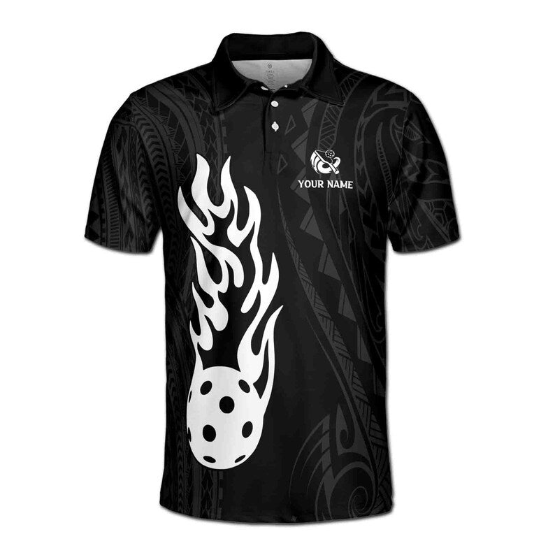 Customize Name Pickleball Paddle Flaming Tribal Pattern Black White 3D Men's Polo Shirt