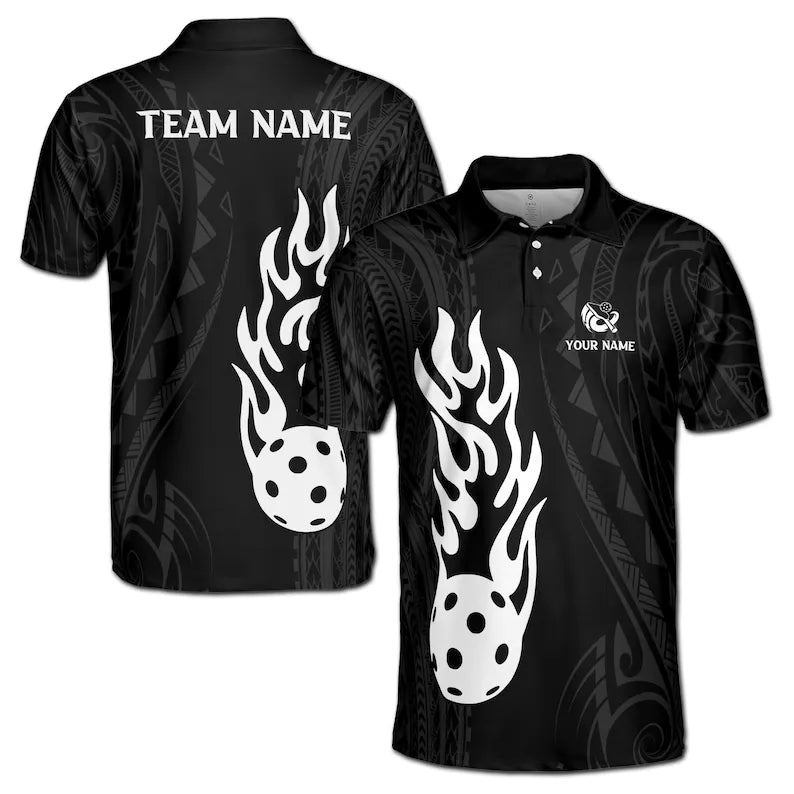 Customize Name Pickleball Paddle Flaming Tribal Pattern Black White 3D Men's Polo Shirt