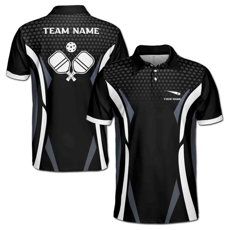Customize Name Pickleball Paddle Sporty Pattern Black White 3D Men's Polo Shirt