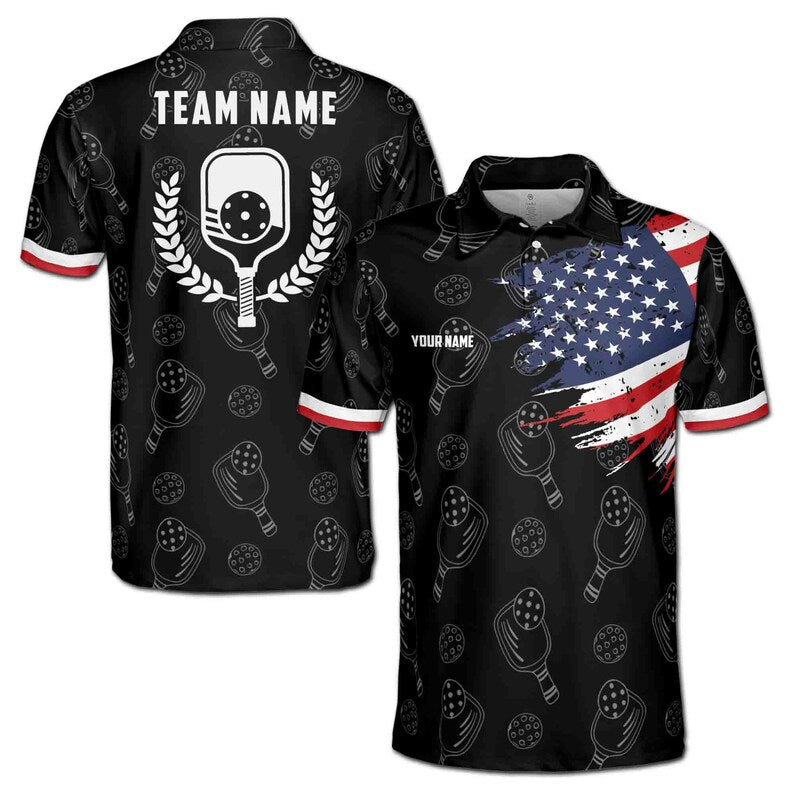 Customize Name Pickleball Paddle Olive Wreath USA Flag Pattern Black 3D Men's Polo Shirt