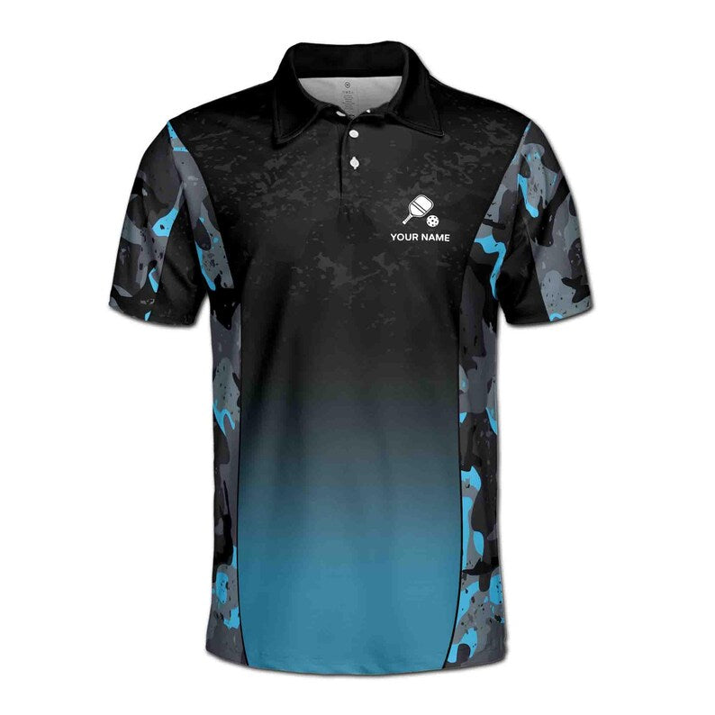 Customize Name Pickleball Paddle Camo Pattern Black Blue 3D Men's Polo Shirt