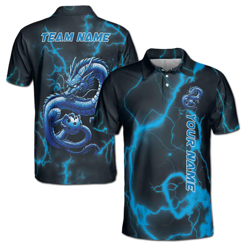 Customize Name Pickleball Lightning Eastern Dragon Black Blue 3D Men's Polo Shirt