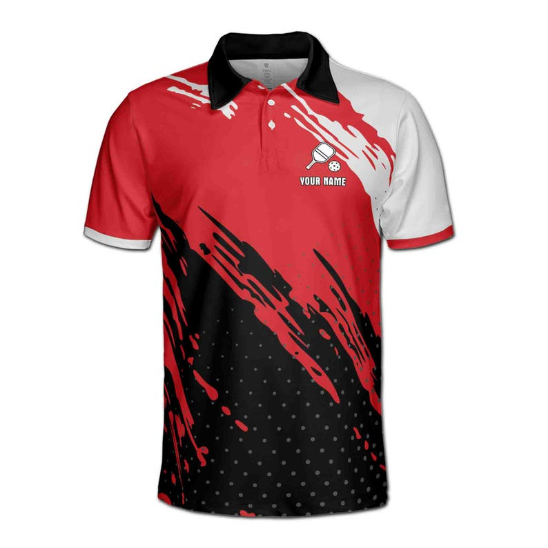 Name Pickleball Paddle Splash Red White Black 3D Polo Shirt Men