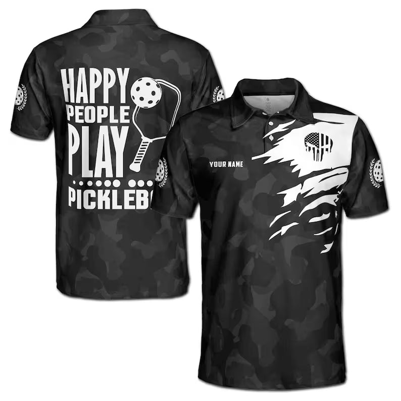 Customize Name Pickleball Paddle Happy People Play Skull USA Flag Black 3D Men's Polo Shirt