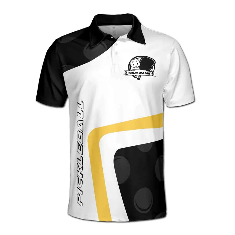 Customize Name Pickleball Paddle Holding Hand Black White Yellow 3D Men's Polo Shirt