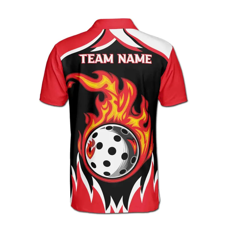 Customize Name Pickleball Paddle Flaming Balls Red Black White 3D Men's Polo Shirt