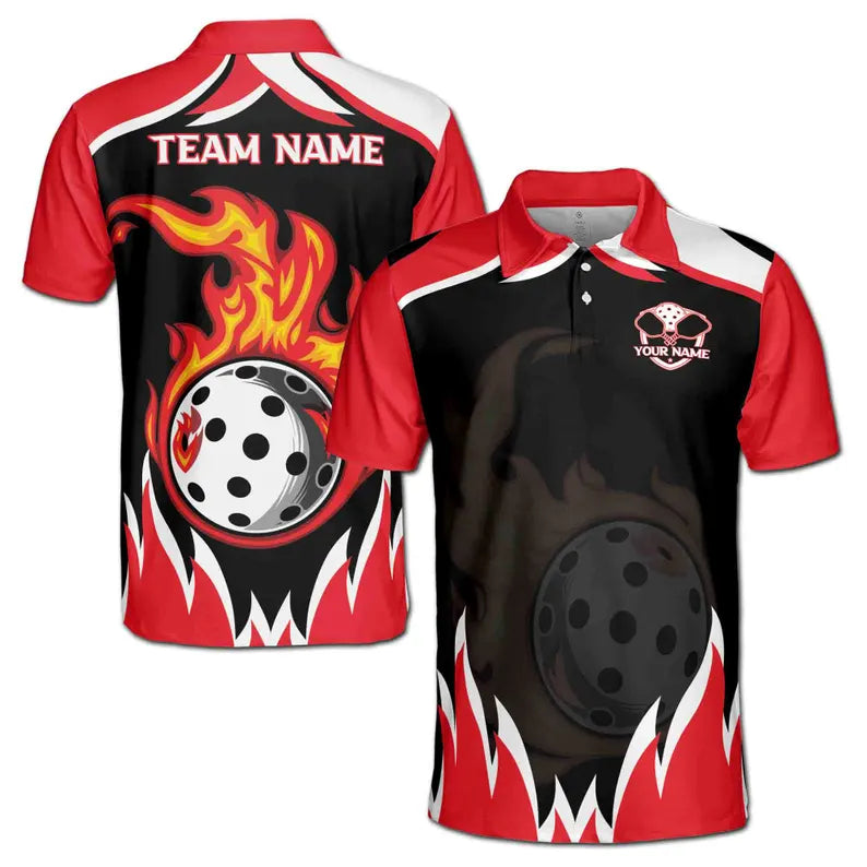 Customize Name Pickleball Paddle Flaming Balls Red Black White 3D Men's Polo Shirt