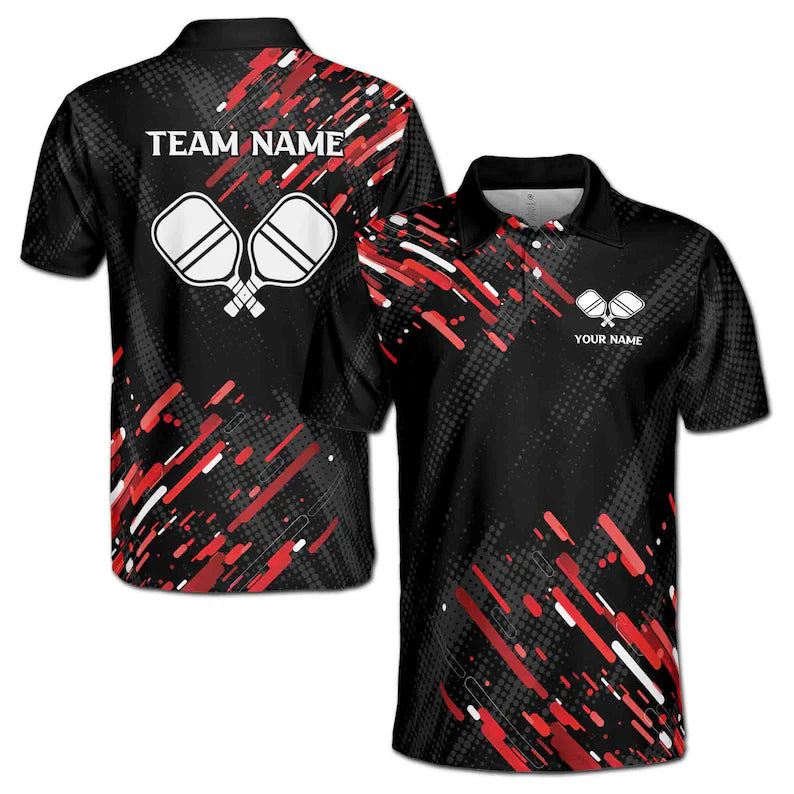 Customize Name Pickleball Paddle Black Red White 3D Men's Polo Shirt