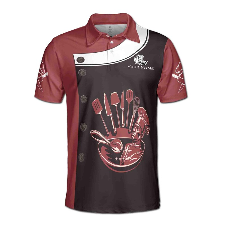 Name Chef Kitchen Tools Customize Fake Buttons Red Black 3D Men's Polo Shirt