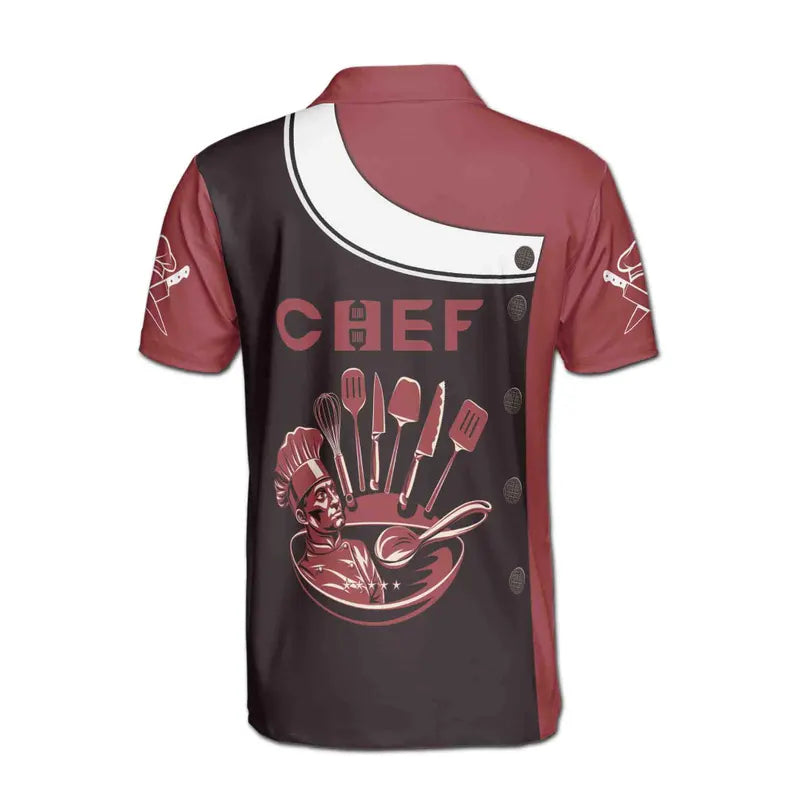 Customize Name Chef Kitchen Tools Fake Buttons Red Black 3D Men's Polo Shirt