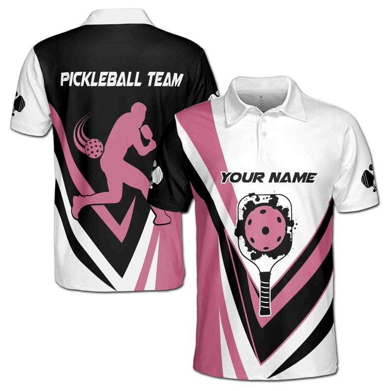 Customize Name Pickleball Paddle Player Black White Pink 3D Men's Polo Shirt