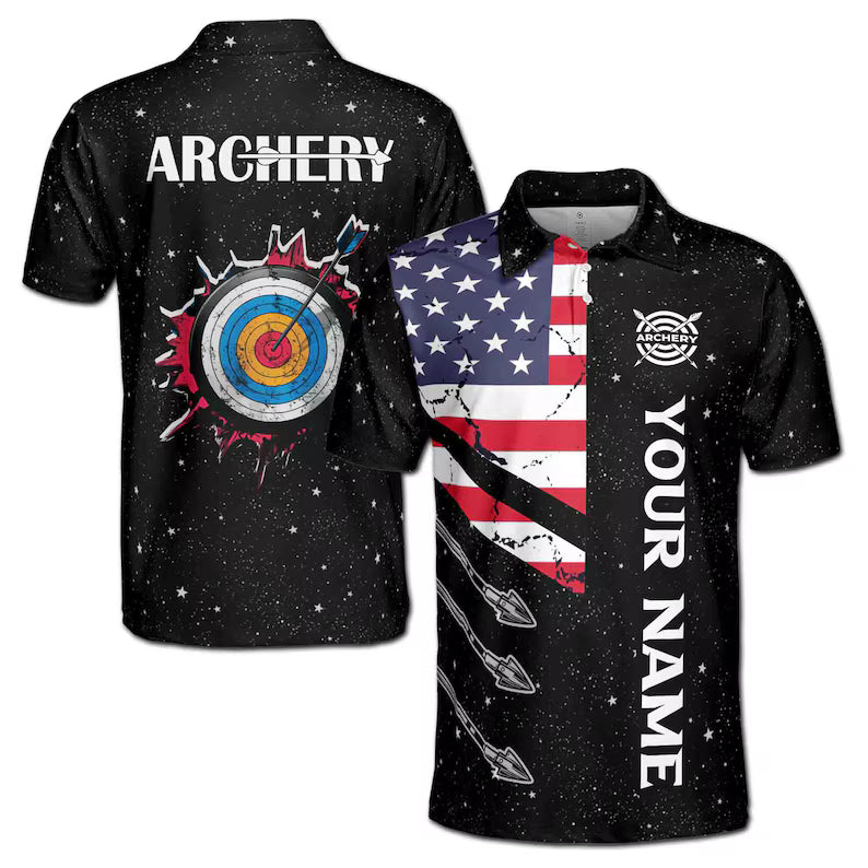 Customize Name Archery Starry Night Sky USA Flag Black 3D Men's Polo Shirt