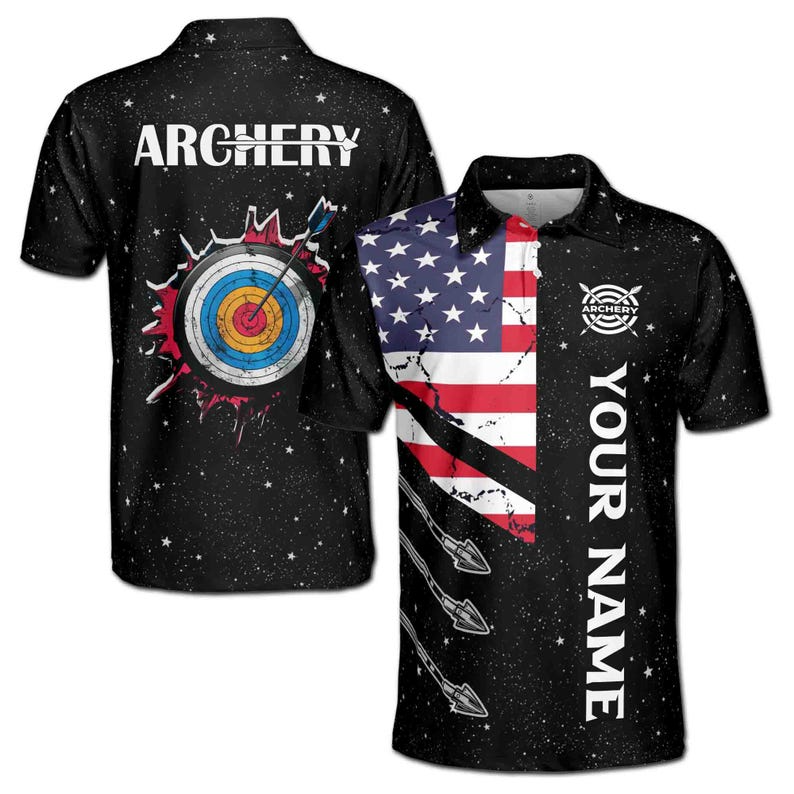 Customize Name Archery Starry Night Sky American Flag Black 3D Polo Shirt Men