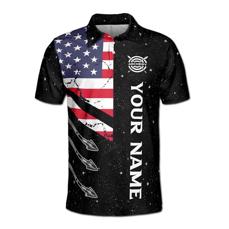 Customize Name Archery Starry Night Sky USA Flag Black 3D Men's Polo Shirt