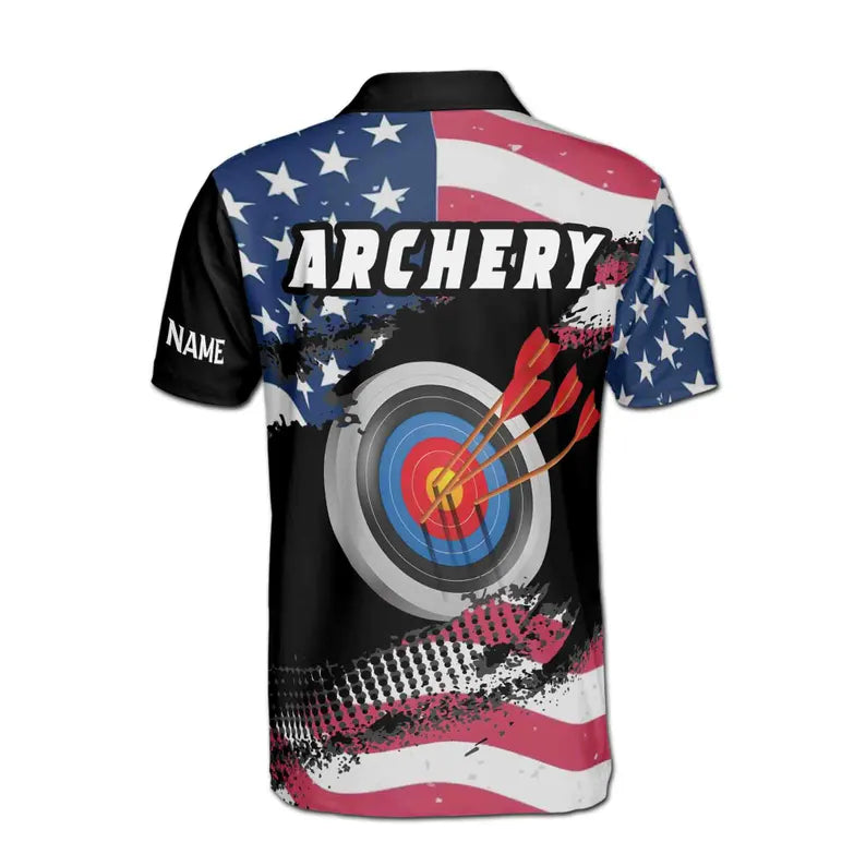 Customize Name Archery Arrow Board USA Flag Black 3D Men's Polo Shirt