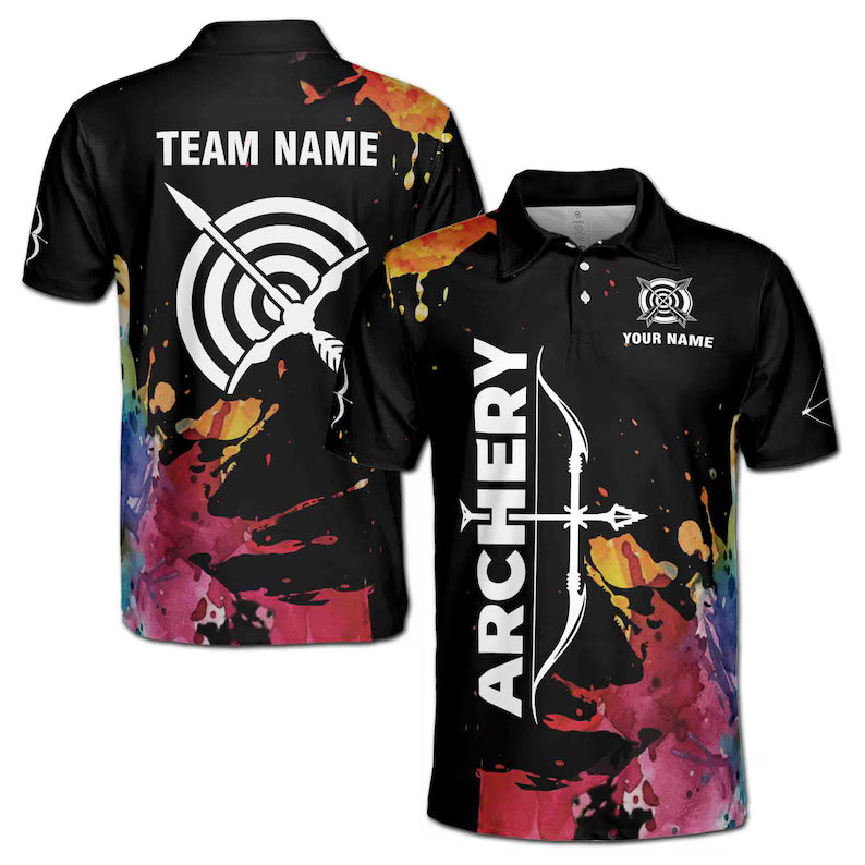 Customize Name Archery Bow Arrow Board Colorful Splashes Black 3D Men's Polo Shirt