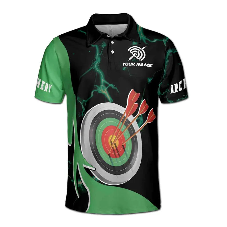 Customize Name Archery Bow Arrow Board Lightning Black Green 3D Men's Polo Shirt