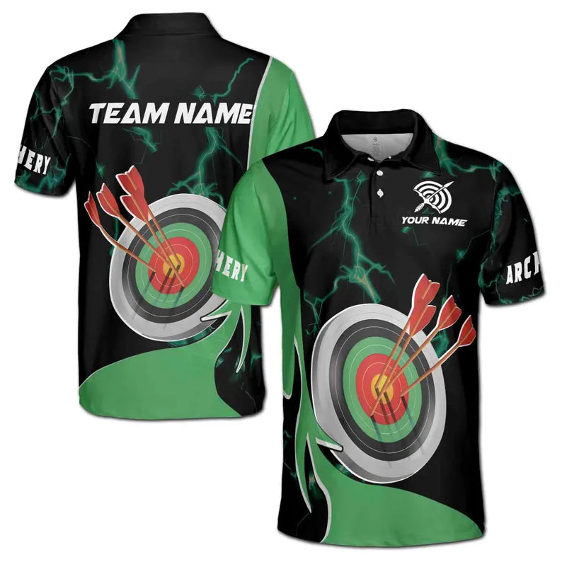 Customize Name Archery Bow Arrow Board Lightning Black Green 3D Men's Polo Shirt