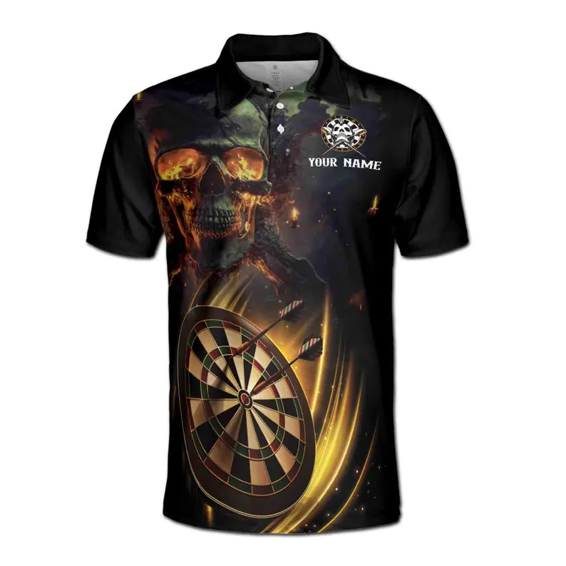 Customize Name Darts Board Flaming Skull Spark Black 3D Men's Polo Shirt