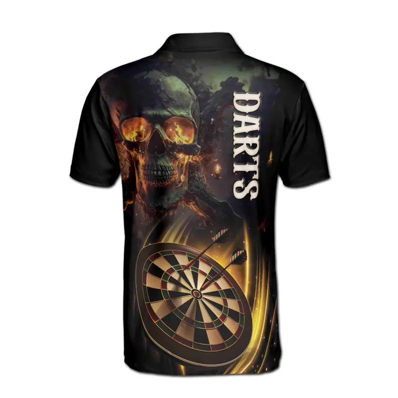 Customize Name Darts Board Flaming Skull Spark Black 3D Men's Polo Shirt