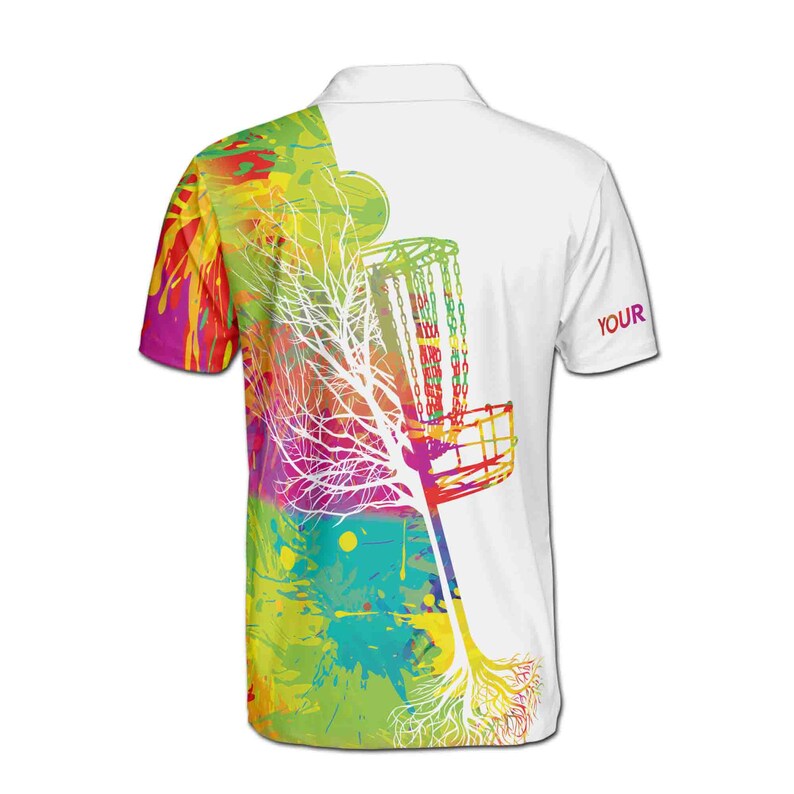 Customize Name Disc Golf Basket Tree Colorful Splashes White 3D Men's Polo Shirt