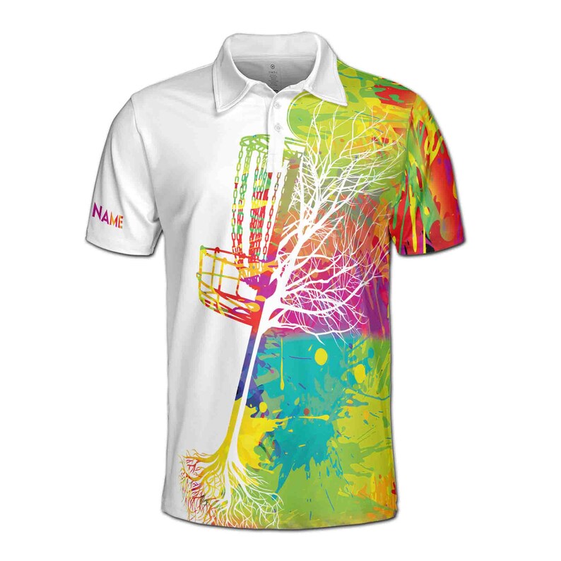 Customize Name Disc Golf Basket Tree Colorful Splashes White 3D Men's Polo Shirt