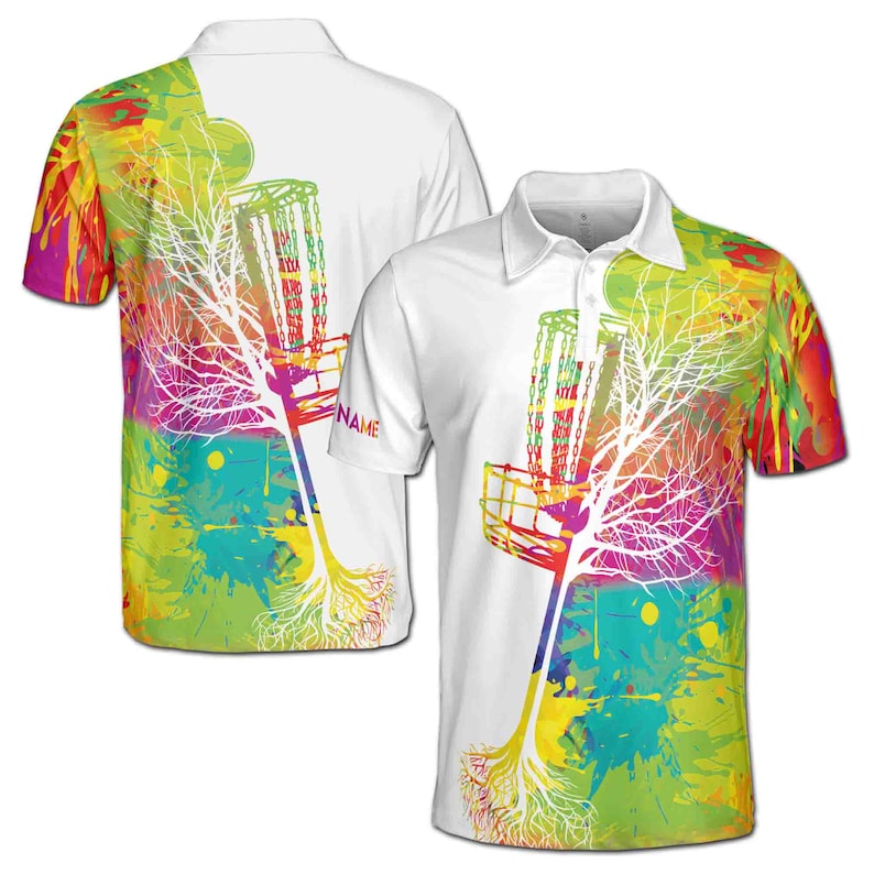 Customize Name Disc Golf Basket Tree Colorful Splashes White 3D Men's Polo Shirt