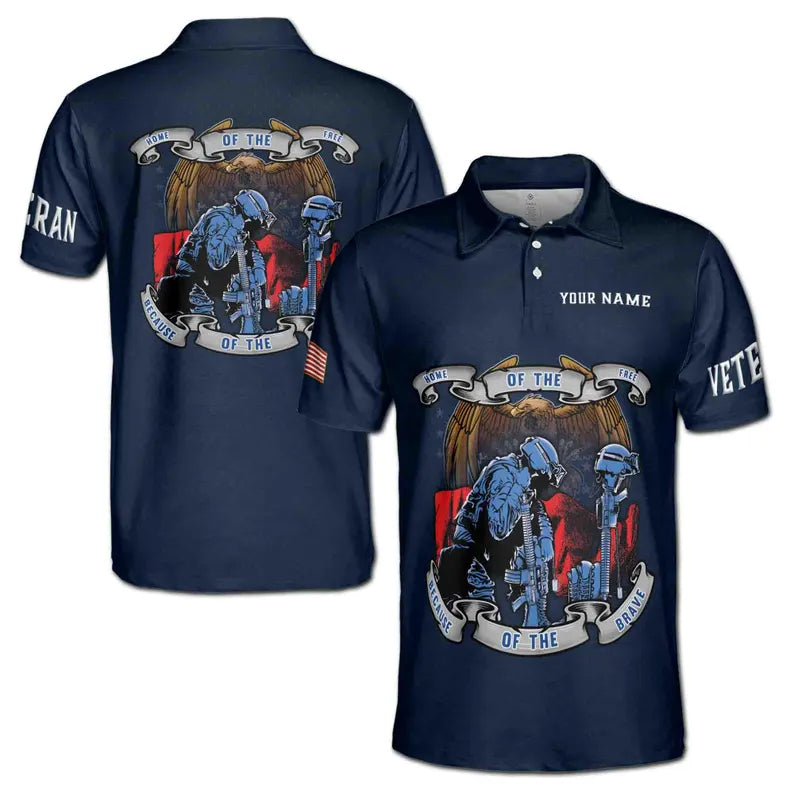 Custom Name Veteran Soldier Home of the Free Brave Design Men's Polo