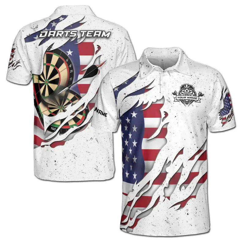 Customize Name Darts Board USA Flag White 3D Men's Polo Shirt