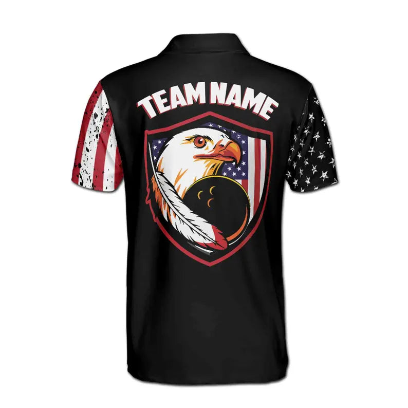 Customize Name Bowling Ball Pin Eagle Feather USA Flag Black 3D Men's Polo Shirt