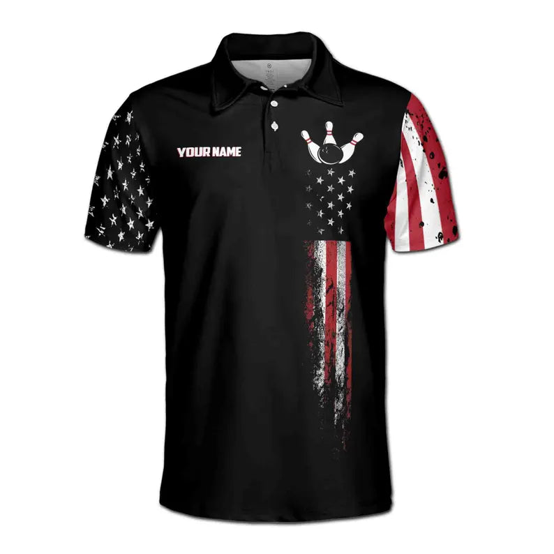 Customize Name Bowling Ball Pin Eagle Feather USA Flag Black 3D Men's Polo Shirt