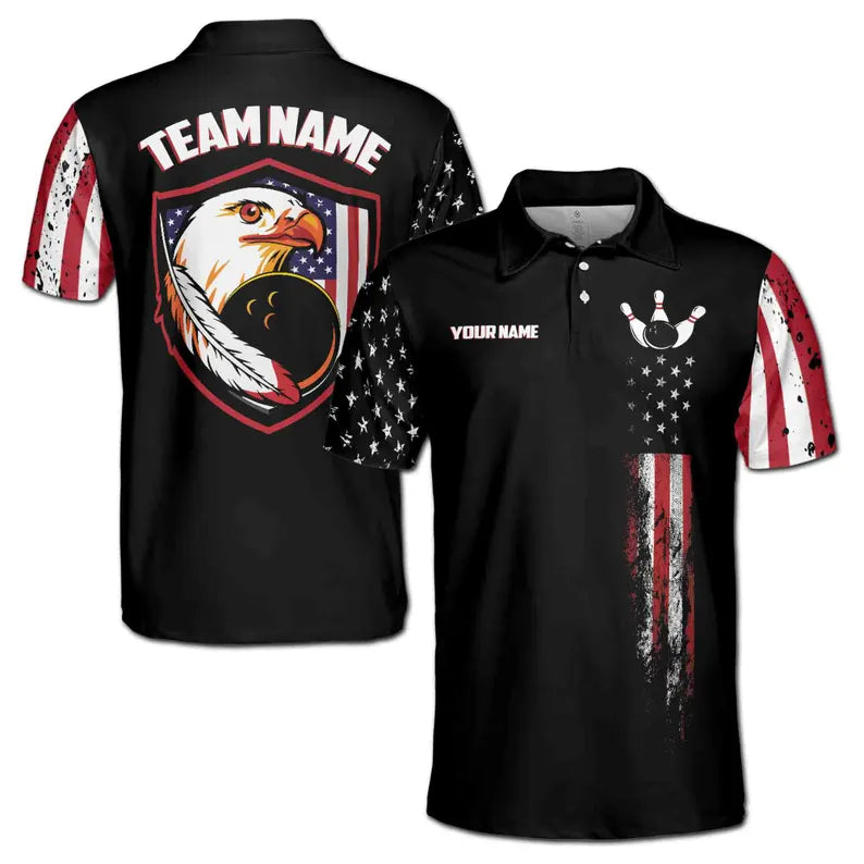 Customize Name Bowling Ball Pin Eagle Feather USA Flag Black 3D Men's Polo Shirt