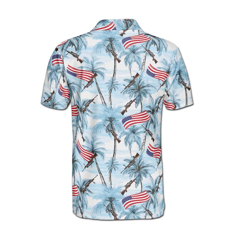 Gun Palm Tree USA Flag Blue 3D Men's Polo Shirt