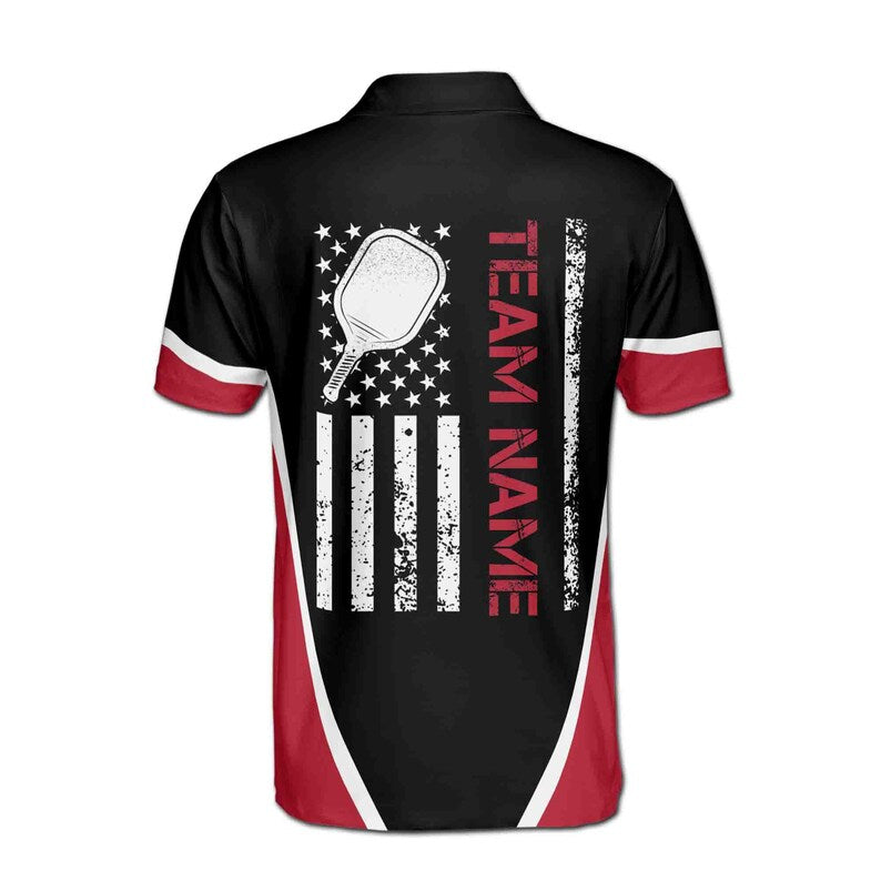 Customize Name Pickleball Paddle USA Flag Black Red 3D Men's Polo Shirt