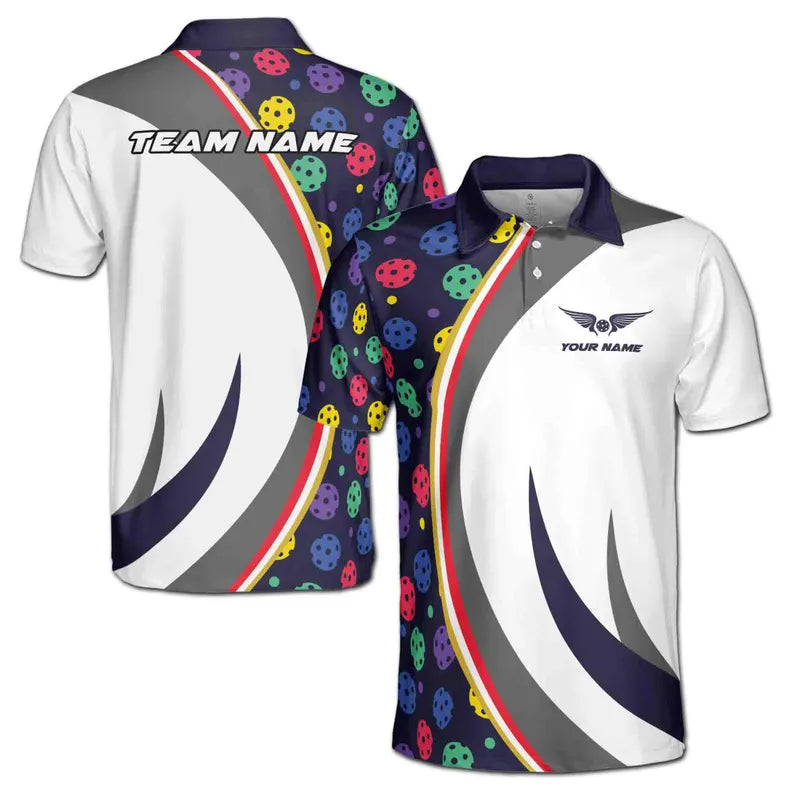 Customize Name Pickleball Wings Colorful Pattern White Dark Blue 3D Men's Polo Shirt