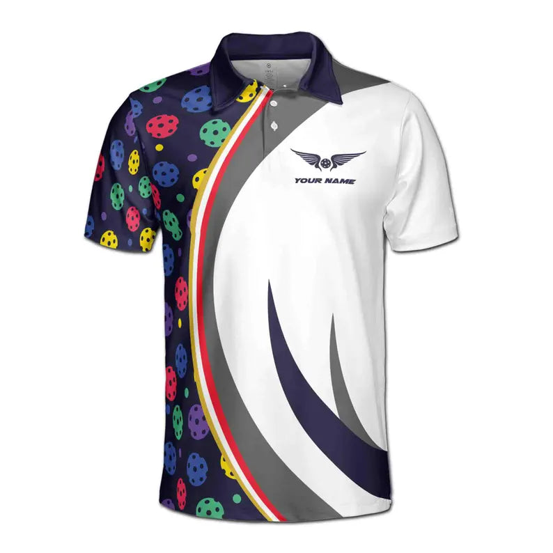 Customize Name Pickleball Wings Colorful Pattern White Dark Blue 3D Men's Polo Shirt
