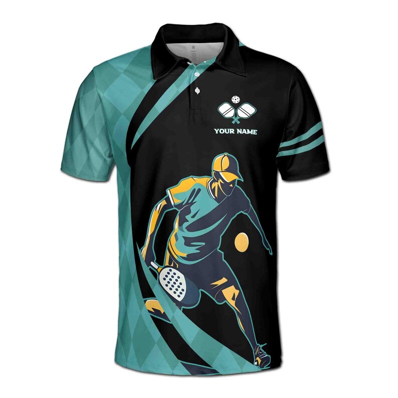 Customize Name Pickleball Paddle Player Black Teal 3D Men's Polo Shirt