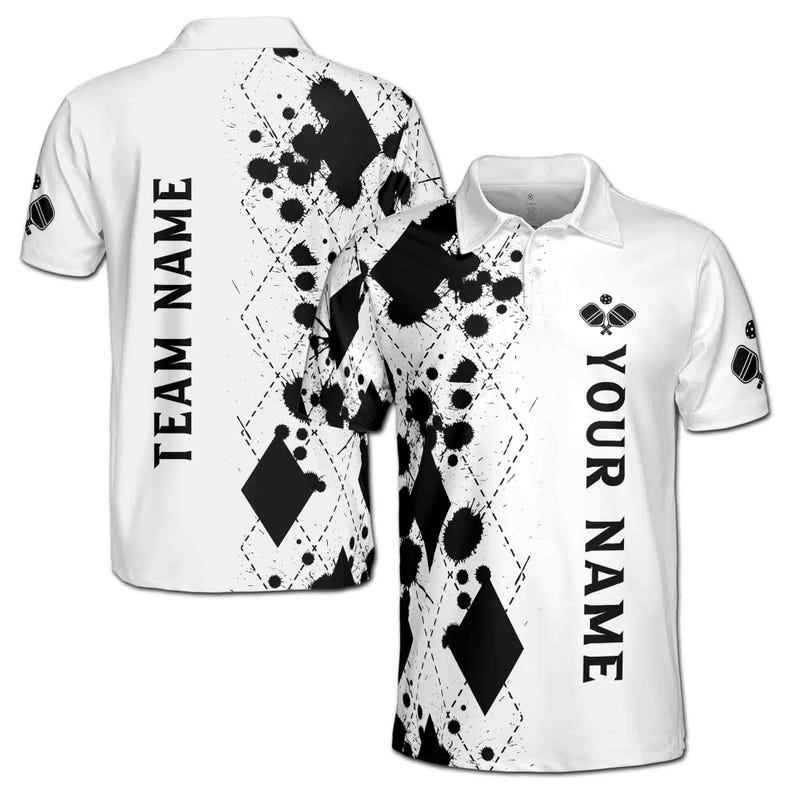 Customize Name Pickleball Paddle Ink Drop White Black 3D Polo Shirt Men