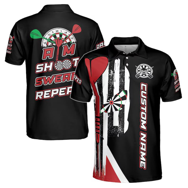 Customize Name Darts Aim Shoot Swear Repeat Black White Red 3D Men's Polo Shirt
