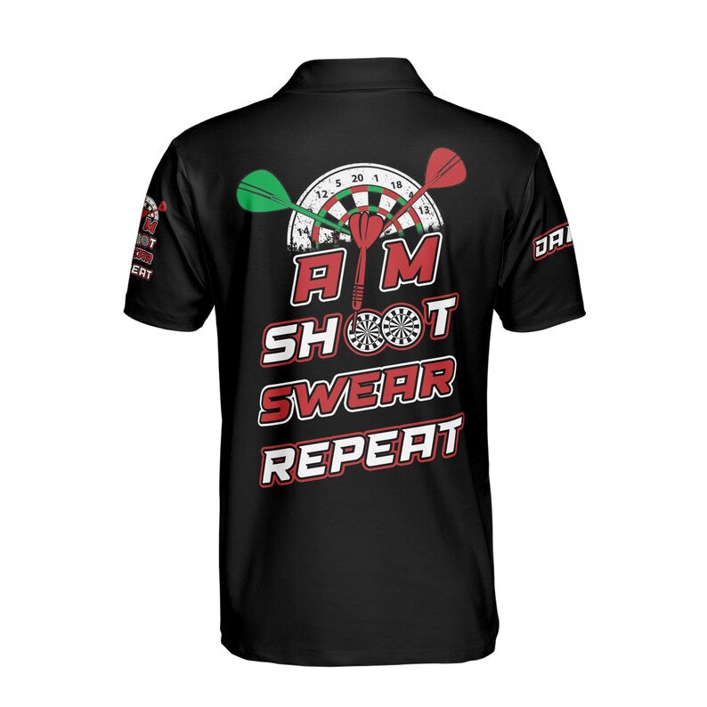 Customize Name Darts Aim Shoot Swear Repeat Black White Red 3D Men's Polo Shirt