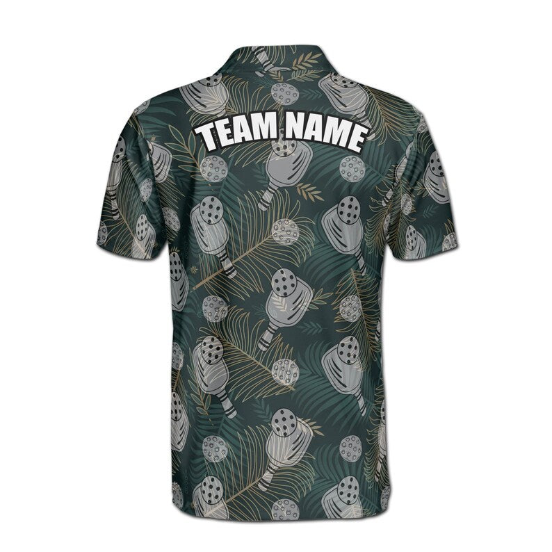 Customize Name Pickleball Paddle Leaves Pattern Dark Green 3D Men's Polo Shirt