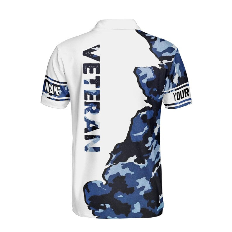 Customize Name Camo Pattern Navy Veteran Blue White Men's Polo Shirt
